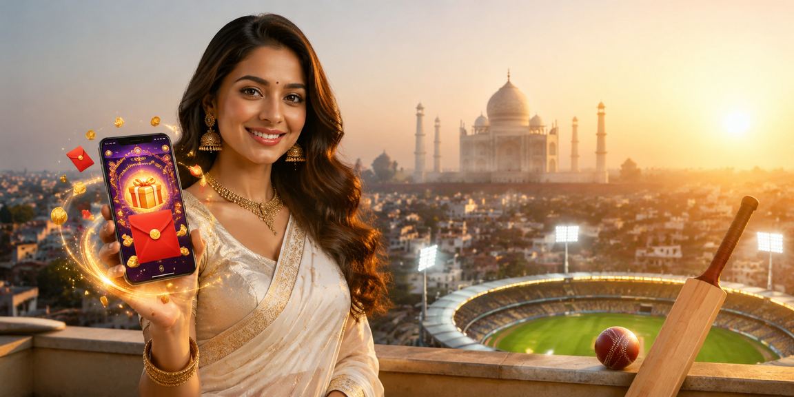 Indian cricket bat and ball on grass in stadium